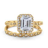 14K Yellow Gold Emerald Cut Bridal Set Ring Band Engagement Two Piece Simulated CZ