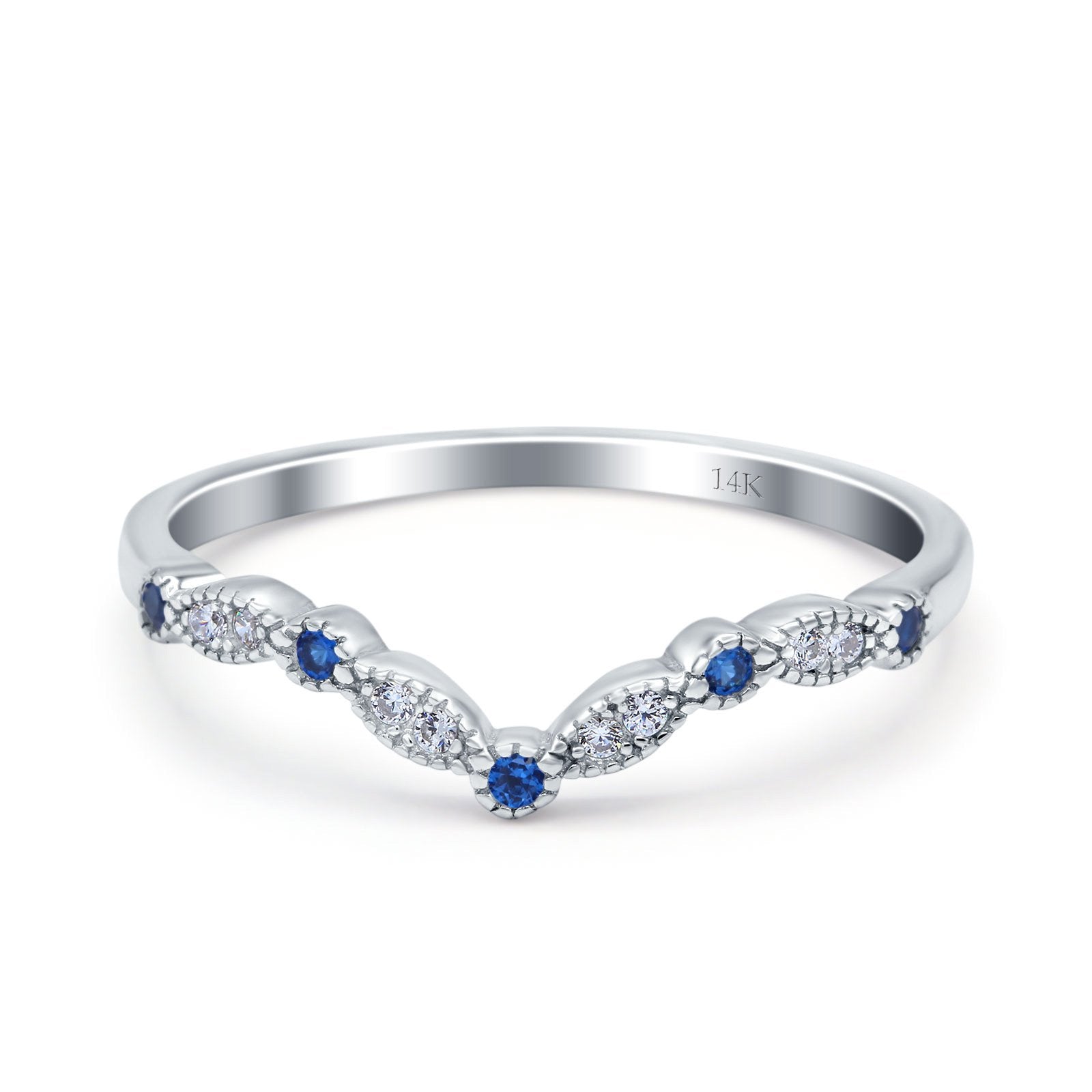 14K White Gold Curved Marquise Half Eternity Stackable Ring Simulated Blue Sapphire CZ Size-7