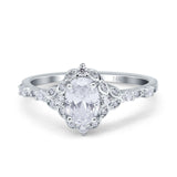 14K White Gold Oval Engagement Ring Vintage Accent Simulated Cubic Zirconia Size-7