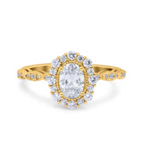 14K Yellow Gold Vintage Art Deco Halo Oval Engagement Ring Simulated Cubic Zirconia