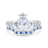 14K White Gold Claddagh Accent Heart Wedding Bridal Set Piece Blue Sapphire Simulated Cubic Zirconia Wedding Ring