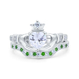 14K White Gold Claddagh Accent Heart Wedding Bridal Set Piece Green Emerald Simulated Cubic Zirconia Wedding Ring