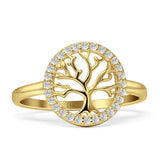 Halo Round Cubic Zirconia Tree of Life Ring 14K Yellow Gold Wholesale