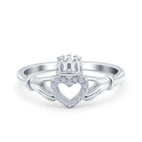 14K White Gold Heart Claddagh Art Deco Wedding Ring Simulated Cubic Zirconia Size-7