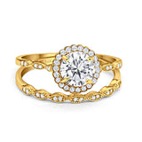 14K Yellow Gold Two Piece Round Wedding Ring Bridal Set Band Engagement Simulated CZ Size-7