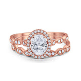 14K Rose Gold Halo Bridal Set Piece Oval Engagement Wedding Ring Simulated CZ Size-7