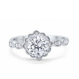 14K White Gold Halo Floral Art Deco Engagement Rings Round CZ