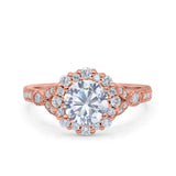 14K Rose Gold Floral Art Deco Engagement Ring Simulated Cubic Zirconia Size-7