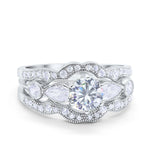 14K White Gold Three Piece Wedding Promise Bridal Set Ring Band Engagement Simulated CZ Size-7
