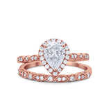 14K Rose Gold Pear Teardrop Bridal Set Ring Band Engagement Piece Simulated CZ Size-7
