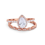 14K Rose Gold Pear Art Deco Teardrop Bridal Set Ring Band Engagement Piece Simulated CZ Size-7