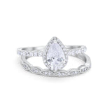 14K White Gold Pear Art Deco Teardrop Bridal Set Ring Band Engagement Piece Simulated CZ Size-7