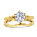 14K Yellow Gold Two Piece Vintage Solitaire Round Bridal Set Ring Wedding Band Simulated CZ Size 7