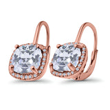 14K Rose Gold Cushion Halo Leverback Earrings Round Cubic Zirconia