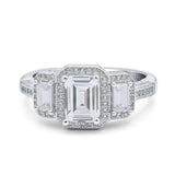 14K White Gold Emerald Cut Halo Bridal Wedding Engagement Ring Simulated CZ Size-7