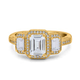 14K Yellow Gold Emerald Cut Halo Bridal Wedding Engagement Ring Simulated CZ Size-7