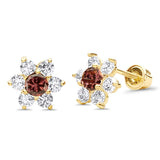 14K Yellow Gold Simulated Champagne CZ Flower Stud Earrings with Screw Back, Best Anniversary Birthday Gift for Her