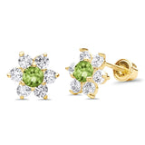 14K Yellow Gold Simulated Peridot CZ Flower Stud Earrings with Screw Back, Best Anniversary Birthday Gift for Her