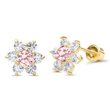 14K Yellow Gold Simulated Light Pink CZ Flower Stud Earrings with Screw Back, Best Anniversary Birthday Gift for Her