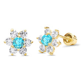 14K Yellow Gold Simulated Blue Topaz CZ Flower Stud Earrings with Screw Back, Best Anniversary Birthday Gift for Her