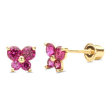 14K Yellow Gold Simulated Ruby CZ Butterfly Stud Earrings with Screw Back, Best Birthday Gift for Her