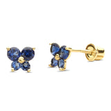 14K Yellow Gold Simulated Blue Sapphire CZ Butterfly Stud Earrings with Screw Back, Best Birthday Gift for Her