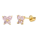 14K Yellow Gold Simulated Light Pink CZ Butterfly Stud Earrings with Screw Back, Best Birthday Gift for Her