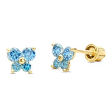 14K Yellow Gold Simulated Blue Topaz CZ Butterfly Stud Earrings with Screw Back, Best Birthday Gift for Her