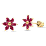 Solid 14K Yellow Gold Flower Stud Earrings Simulated Ruby CZ With Screw Back