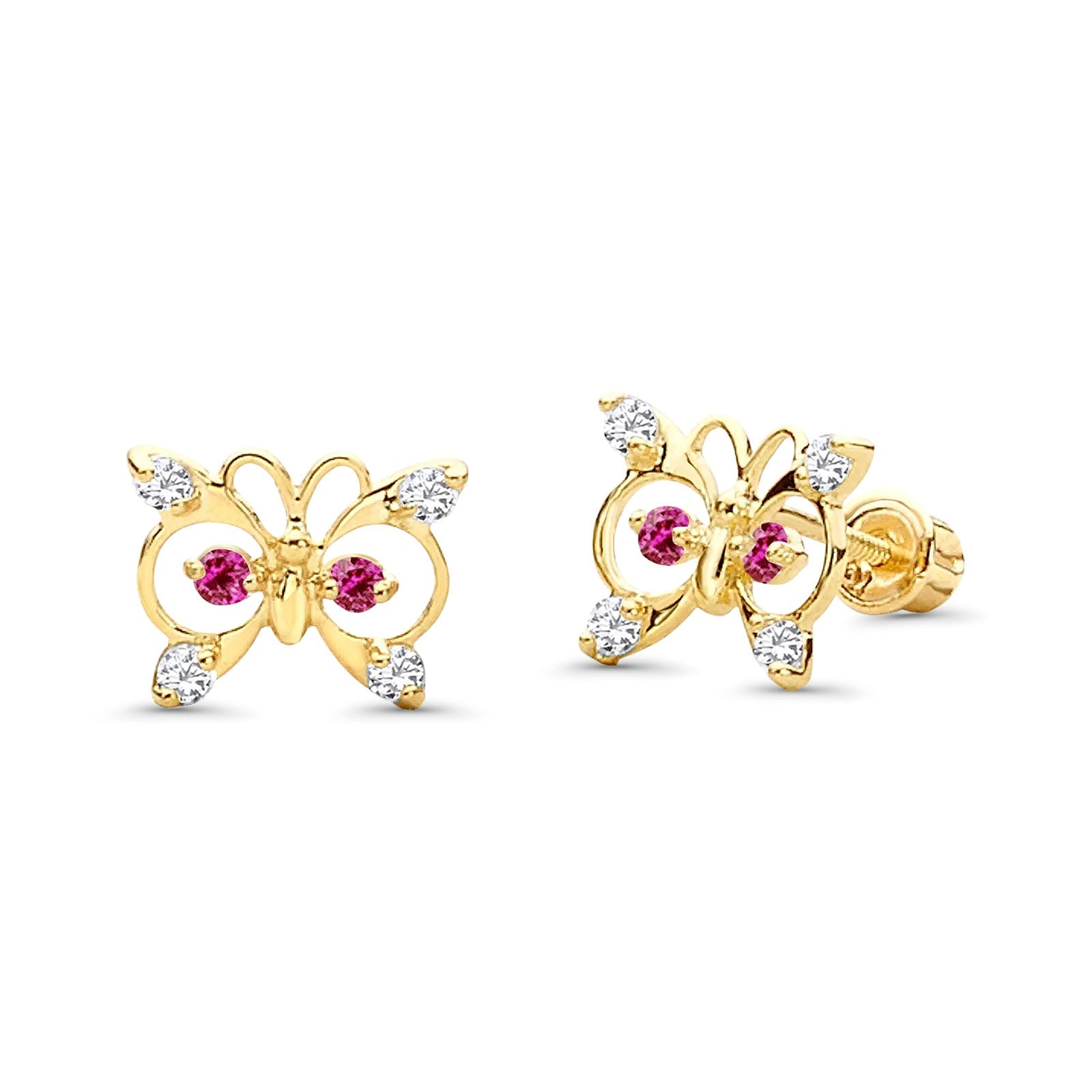 14K Yellow Gold Ruby CZ Butterfly Stud Earrings with Screw Back - Best
