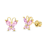 14K Yellow Gold Pink CZ Butterfly Stud Earrings with Screw Back - Best Birthday Gift for Her