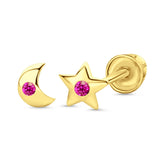 14K Yellow Gold 4mm Moon and Star Stud Earrings Simulated Ruby CZ with Screw Back