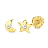 14K Yellow Gold 4mm Moon and Star Stud Earrings Simulated CZ with Screw Back
