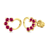 Solid 14K Yellow Gold Heart Stud Earrings Simulated Ruby CZ with Screw Back