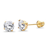 14K Yellow Gold 5mm Round Solitaire Basket Set Simulated Cubic Zirconia Stud Earrings with Screw Back, Best Birthday Gift for Her