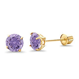 14K Yellow Gold 5mm Round Solitaire Basket Set Simulated Amethyst CZ Stud Earrings with Screw Back, Best Birthday Gift for Her
