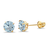 14K Yellow Gold 5mm Round Solitaire Basket Set Simulated Aquamarine CZ Stud Earrings with Screw Back, Best Birthday Gift for Her