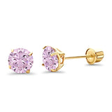 14K Yellow Gold 5mm Round Solitaire Basket Set Simulated Light Pink CZ Stud Earrings with Screw Back, Best Birthday Gift for Her
