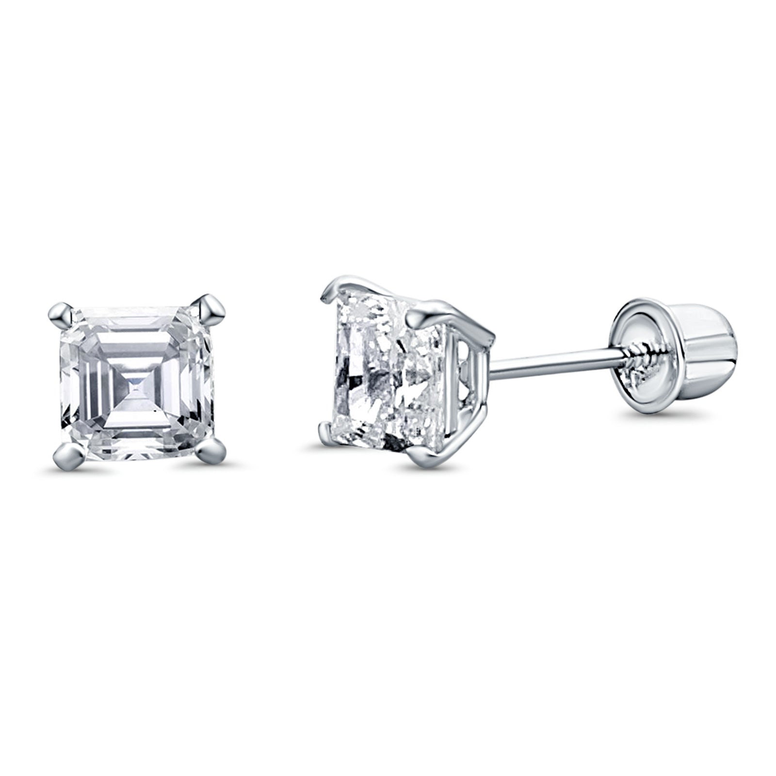 14k White Gold Square CZ Cubic Zirconia Stud Earrings - Basket Setting, Made In USA