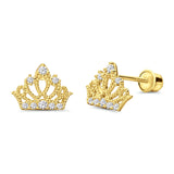 14K Yellow Gold Crown Stud Earrings Simulated Cubic Zirconia with Screw Back