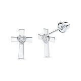 14K White Gold Cross Heart Stud Earrings with Screw Back