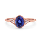 14K Rose Gold 1.26ct Oval Art Deco 8mmx6mm G SI Lab Blue Sapphire Diamond Engagement Wedding Ring Size 6.5