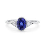 14K White Gold 1.26ct Oval Art Deco 8mmx6mm G SI Lab Blue Sapphire Diamond Engagement Wedding Ring Size 6.5