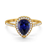 14K Yellow Gold 1.48ct Teardrop Pear 8mmx6mm G SI Lab Blue Sapphire Diamond Engagement Wedding Ring Size 6.5