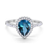 14K White Gold 1.48ct Teardrop Pear 8mmx6mm G SI London Blue Topaz Diamond Engagement Wedding Ring Size 6.5