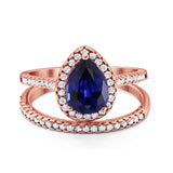 14K Rose Gold 1.62ct Pear 8mmx6mm G SI Nano Blue Sapphire Diamond Bridal Engagement Wedding Ring Size 6.5