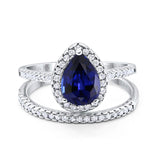14K White Gold 1.62ct Pear 8mmx6mm G SI Nano Blue Sapphire Diamond Bridal Engagement Wedding Ring Size 6.5