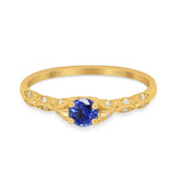 14K Yellow Gold 0.33ct Round Petite Dainty Art Deco 4mm G SI Lab Blue Sapphire Diamond Engagement Wedding Ring Size 6.5