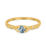 14K Yellow Gold 0.33ct Round Petite Dainty Art Deco 4mm G SI Natural Aquamarine Diamond Engagement Wedding Ring Size 6.5