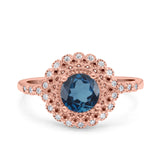 14K Rose Gold 0.77ct Halo Art Deco Round 5.5mm G SI London Blue Topaz Diamond Engagement Wedding Ring Size 6.5